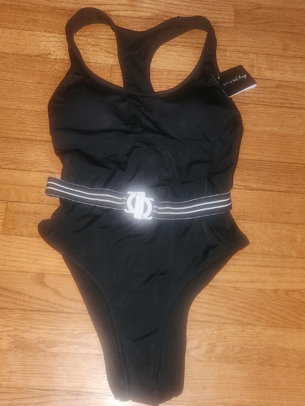 smart & sexy Black One-Piece Swimsuit with Striped Belt